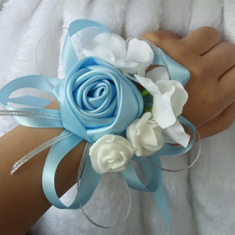 Fatto a mano 10 pezzi lotto corpetto da polso da sposa da sposa damigelle d'onore sorella fiori a mano bianco blu argento decorazione ghirlanda decorativa3071