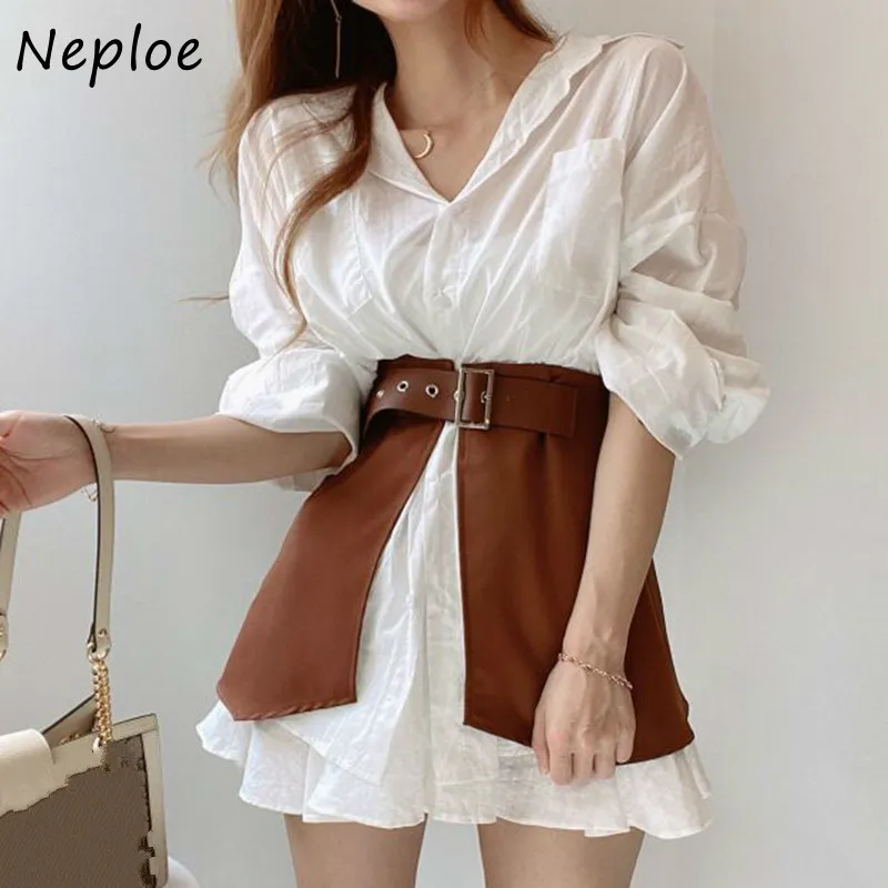 Temperament Ol Slim Women Set Double Ruffles Long Sleeve Shirt + High Waist Hip Sashes Split Skirt Spring Suit 210422