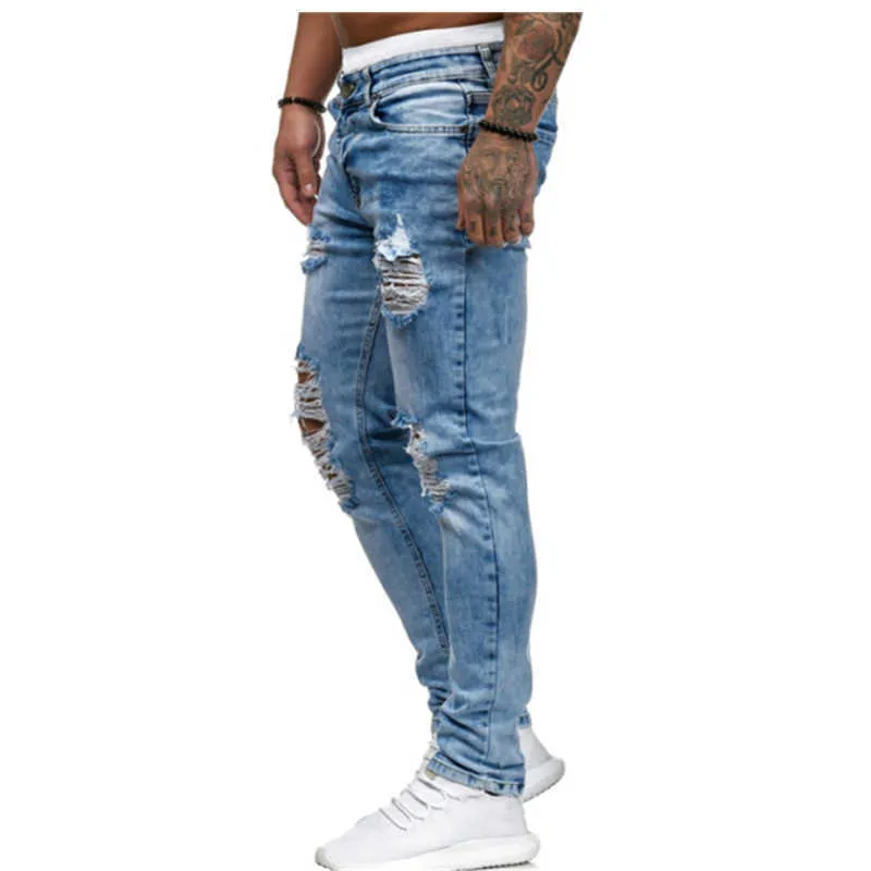 Mens solid färg jeans 2020 nya mode slim penna byxor sexig avslappnad hål rippad design streetwear x0621