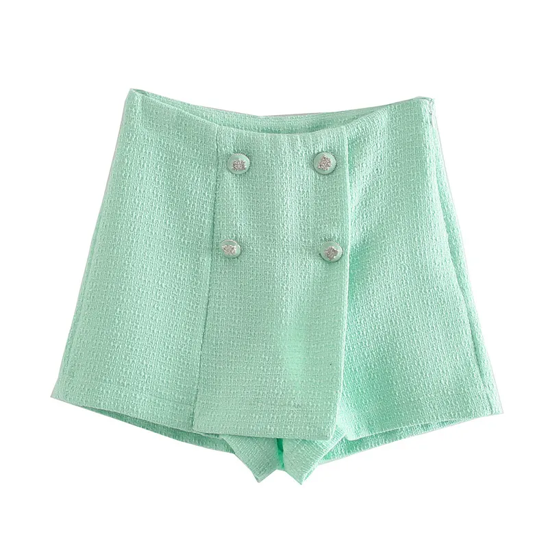 Double buttons women's short pants summer Solid green elegant casual for lady Fashion slim crop female 210430