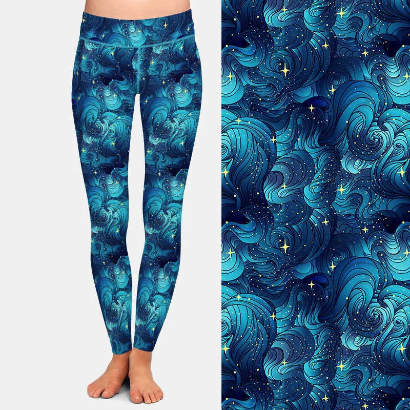 LetsFind Fashion 3D Natural Texture Starry Ocean Clouds eller Hair Print Girl Leggings High Waist Plus Size Elastic 211215