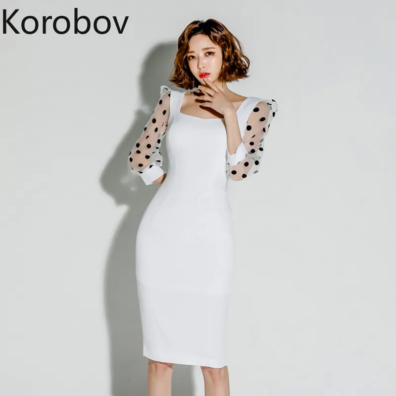 Korobov sommar ny arribal polka dot mesh patchwork kortärmad klänning koreanska eleganta slim stickade klänningar ol vestidos mujer 210430