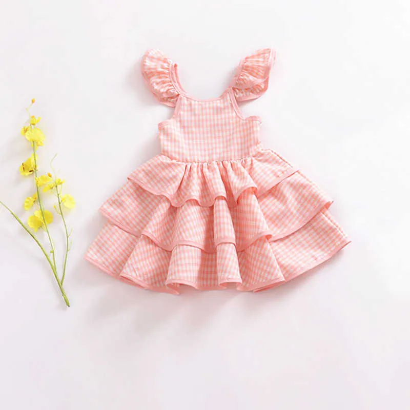 Baby Mädchen Party Kleid Rüschen Sleevelee Plaid Print Lotus Blatt Schöne Prinzessin Kleid Kinder Nette Kostüm 2021 Neue Sommer q0716