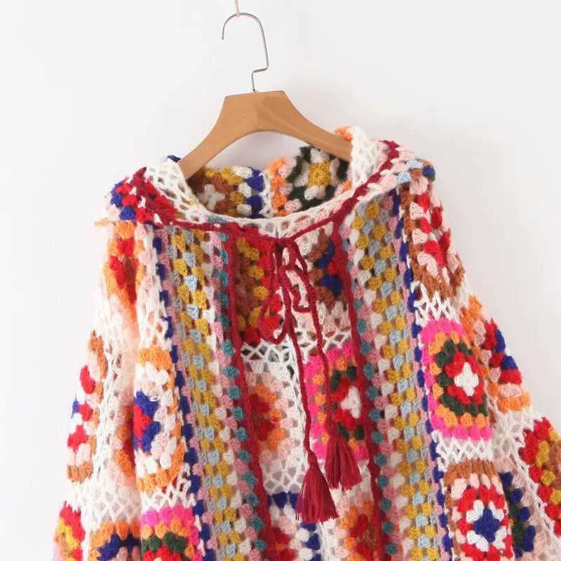 Herfst handgemaakte haak met capuchon volle print nationale stijl jacquard lange vrouwen sweaters vest 210615