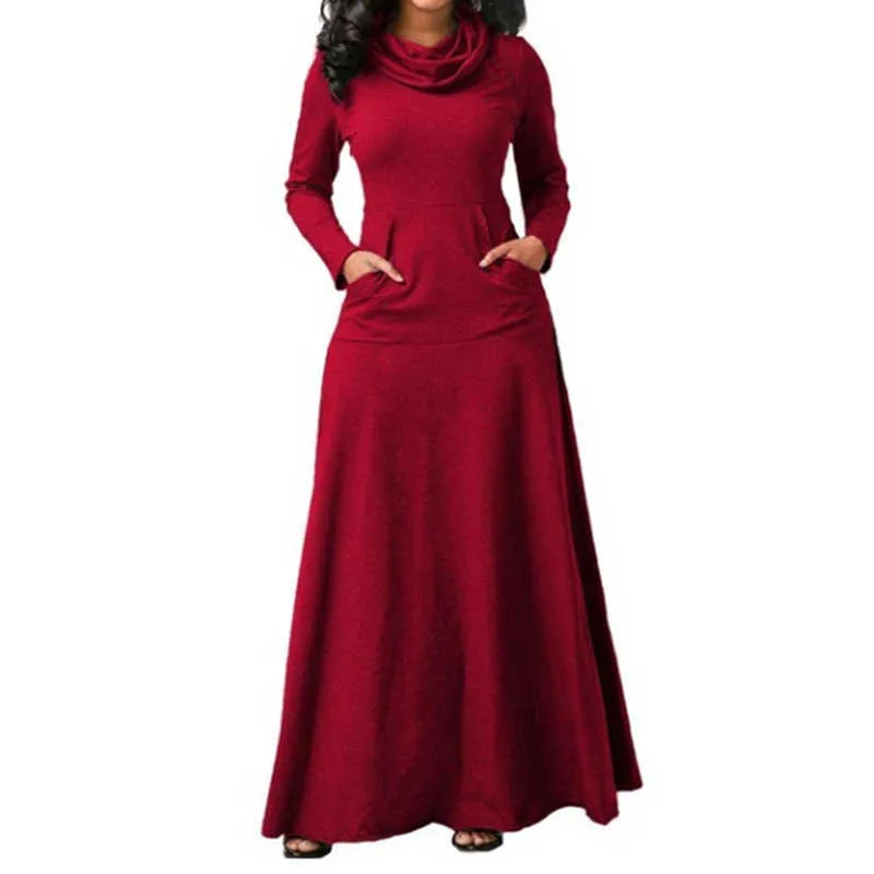 Plus Size 5XL Elegante Longo Maxi Vestido Outono Inverno Quente Coleira High Collar Mulheres Vestido de Manga Longa 2019 Vestuário de Mulher com Pocket Y1006