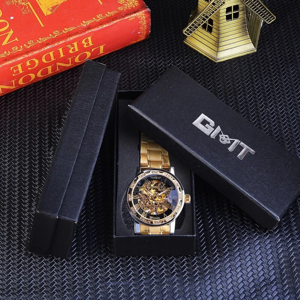 Gagnant doré montres classique strass horloge romaine analogique mâle squelette horloges mécanique en acier inoxydable bande lumineuse montre