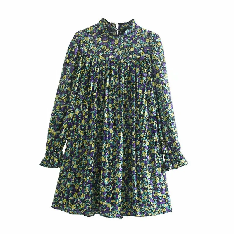 Vintage Floral Print Short Dress Women Fashion Metallic Thread Smock Design Woman Long Puff Sleeve Pleated Vestido 210430