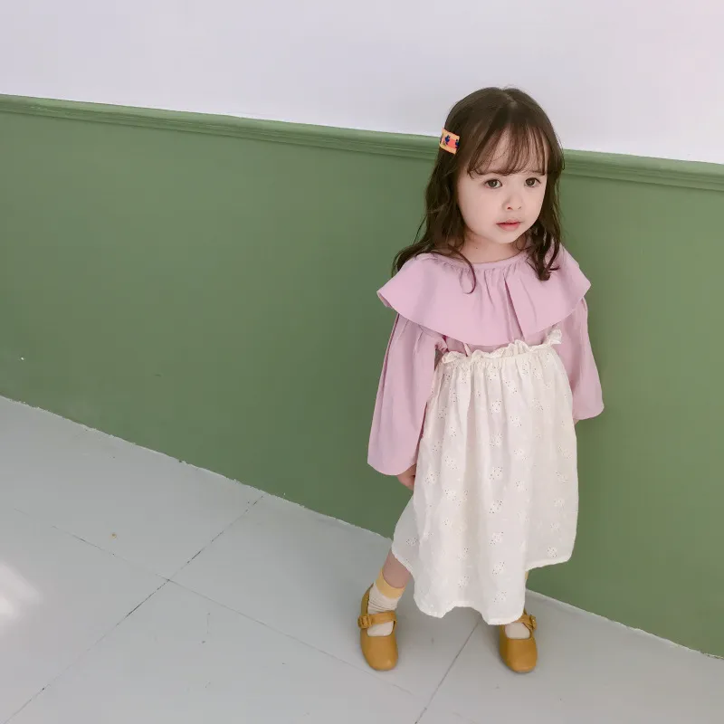 Spring Autumn cute kids pure cotton solid color Lotus leaf collar shirts baby girls loose blouses 210508