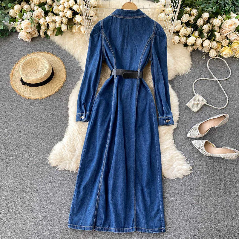 Vintage Blue Denim Dress Donna Autunno Risvolto Colletto Manica intera Monopetto Coreano Lavoro OL Jeans Lungo Maxi 210603