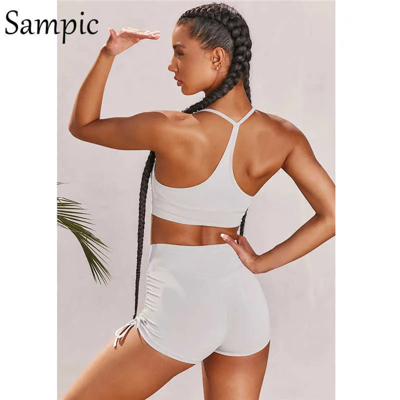 Sampic Outfits Femme Kleidung Weiß Sport Skinny Trainingsanzug Sommer Frauen Casual Sexy Crop Tops und Biker Shorts Zwei Stück Set Y0702