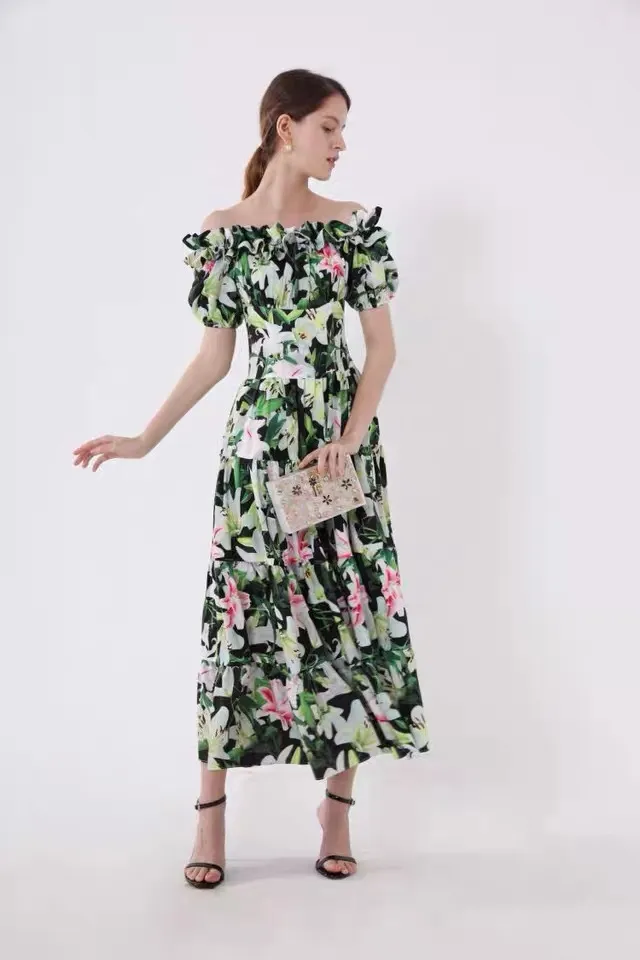 concepteur de piste fleur de lys imprimé slash cou froncé floral maxi A-ligne à manches courtes été robe de mujer robe vintage 210421