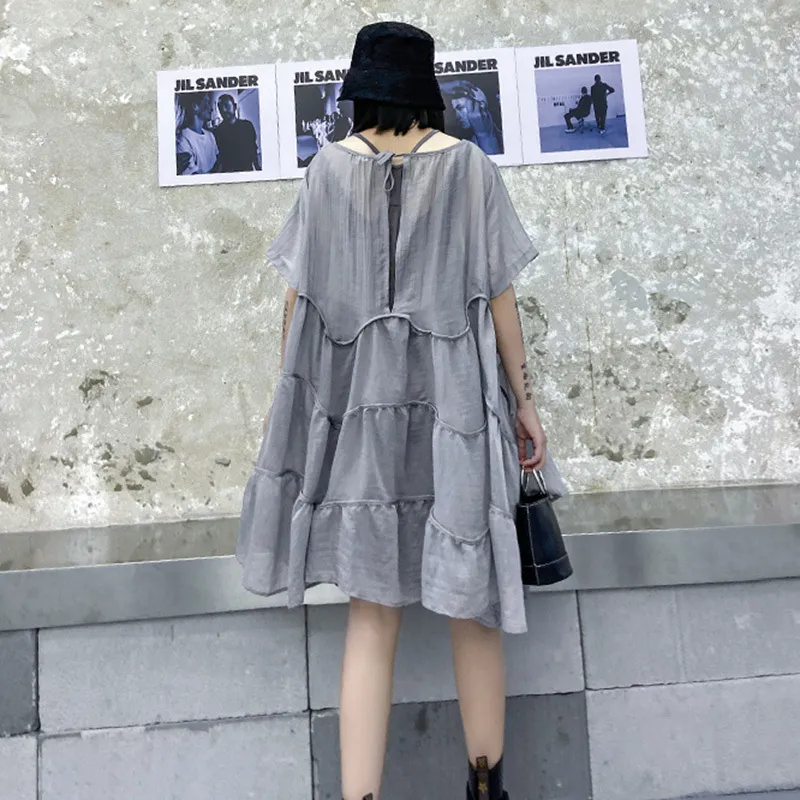 [EAM] Gray Chiffon Dress Two Pieces Suit Round Neck Short Sleeve Black Loose Women Fashion Spring Summer 1DD7979 21512