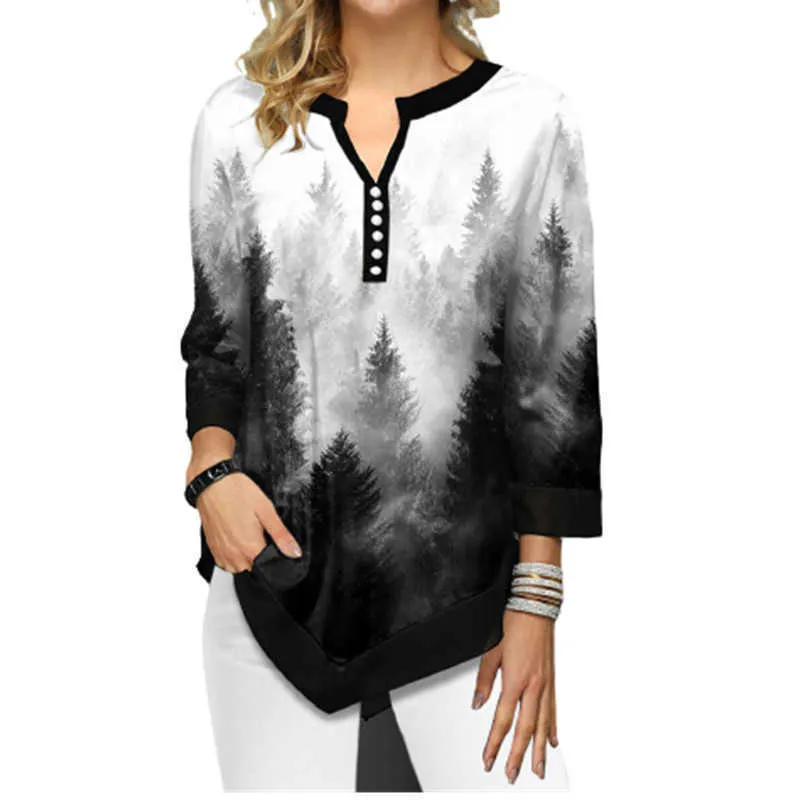 Spring Women T-shirt Casual V-Neck Three Quarter Button Gradient Print T-Shirt Oversized Loose Female Tee Tops 5XL Plus Size 210526