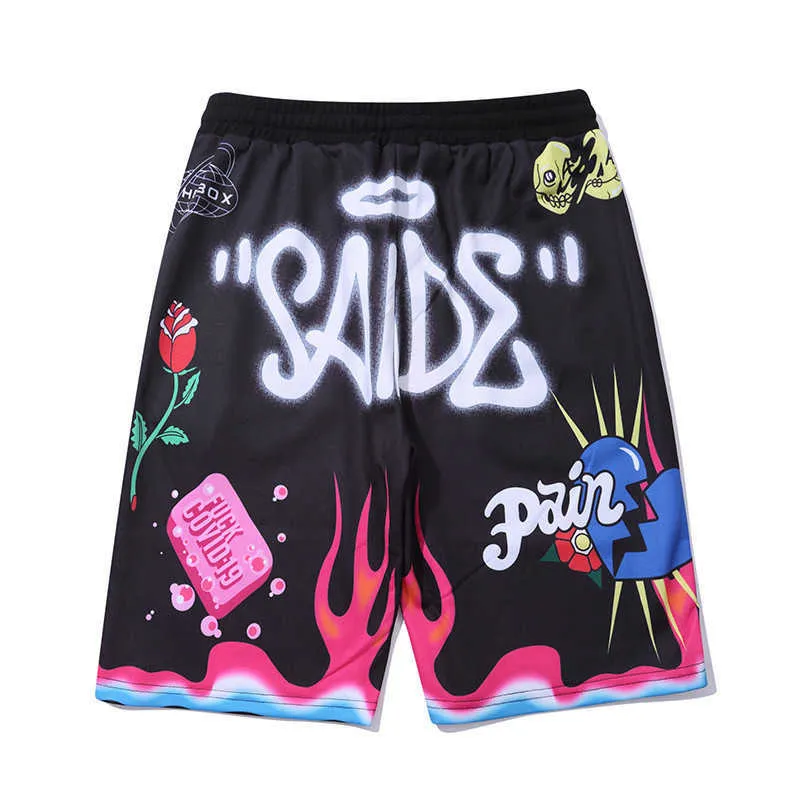 Streetwear Shorts Hommes Cartoon Flame Graffiti Funny Imprimé Summer Beach Pantalon court Hip Hop Bermuda Mode Punk Couple 210716