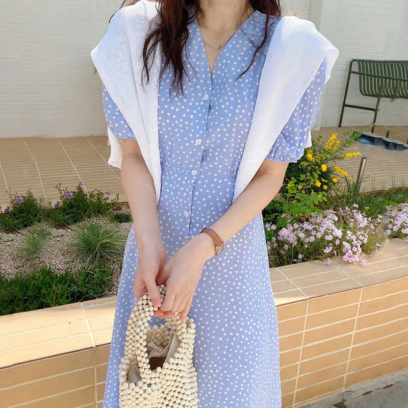 Korejpaa Women Dress Summer Korean Gentle Elegant V-Neck Full-Screen Polka-Dot Single-Breasted Lace-Up Puff Sleeve Vestidos 210526
