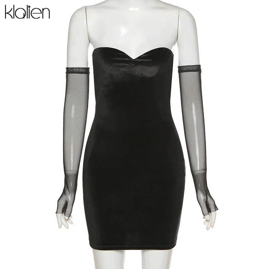 KLALIEN Mode Sexy Party Strand Geburtstag Schwarz Trägerloses Kleid Frauen Einfache Schlanke Abnehmbare Mesh ärmel Weibliche Kleid 210915