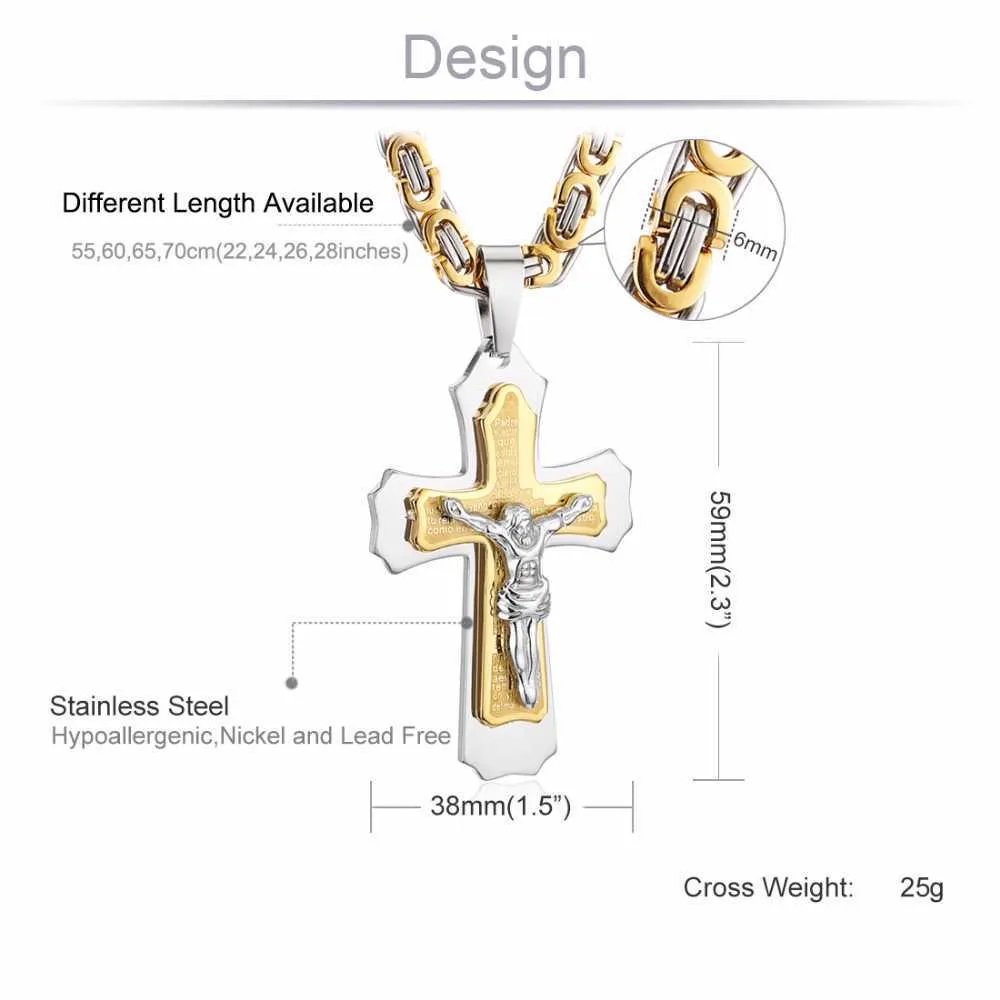 Collier pendentif multicouche croix Christ jésus, lien en acier inoxydable, chaîne byzantine, bijoux lourds pour hommes, cadeau 21 65 6mm MN78 X0707286m