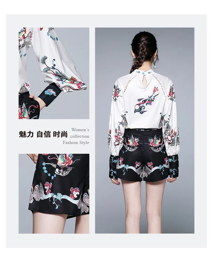 Vintage Floral Print Casual White Lantern Sleeve Shirts Blouses & Black Mini Short Pants Women Summer Street Casual Sets 210514