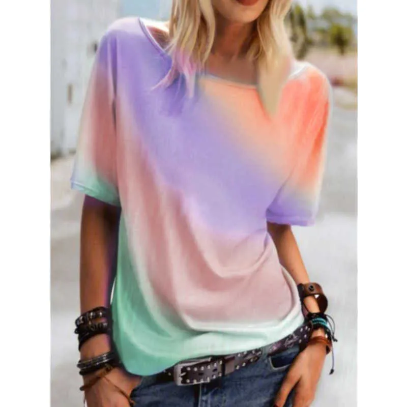 Damesmode Plus Size Kleding Zomer Korte Mouwen Ronde hals Rainbow Printed T-shirt Losse Casual Top Dames Y0621