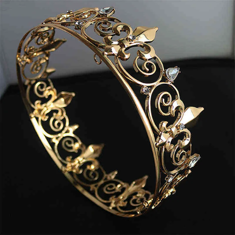 Baroque Vintage Royal Full Round King Crown Couronnes en métal doré et diadèmes pour hommes Prom King Party Costume Accessoires Head Piece 211224