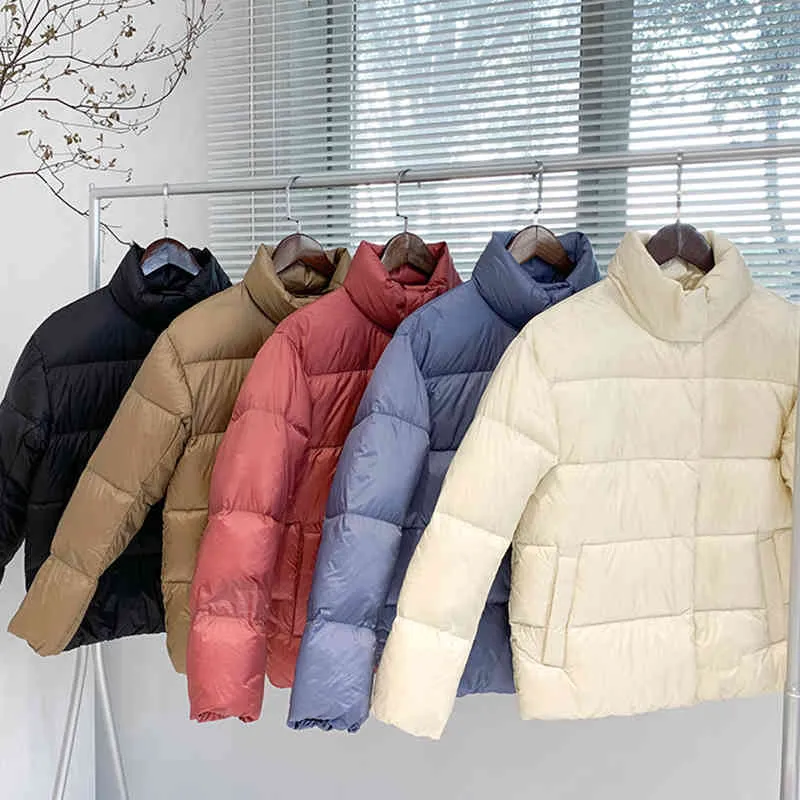 Hiver Woemn Coupe-Vent Chaud Duvet de Canard Veste Ultra Léger Outwear Casual Lâche Stand-Up Col Manteau 210430