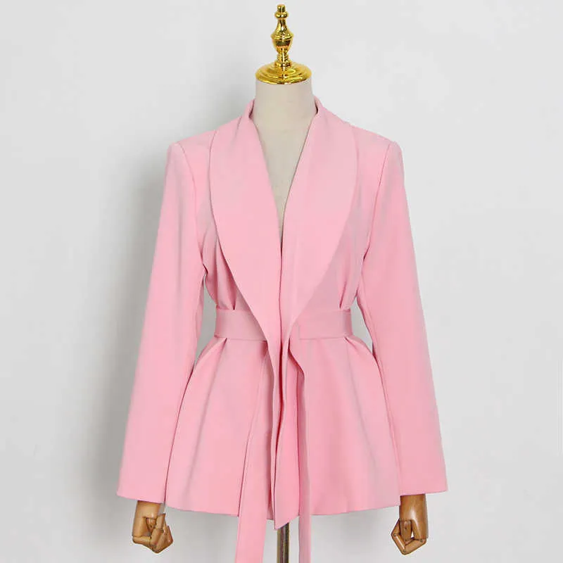 TWANYLE Casual Pink Spodnie Garnitury Kobieta Notched Z Długim Rękawem Koreański Slim Blazer Wysoka Talia Szerokie Nogi Pant Suit 210930