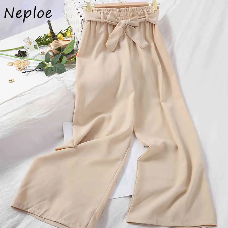 Neploe High Waist Hip Elastyczny spodnie Kobiety Bow Design Koreański Cukierki Kolor Szeroki Noga Pantalones Sprinng Letnie Spodnie Mujer 210423