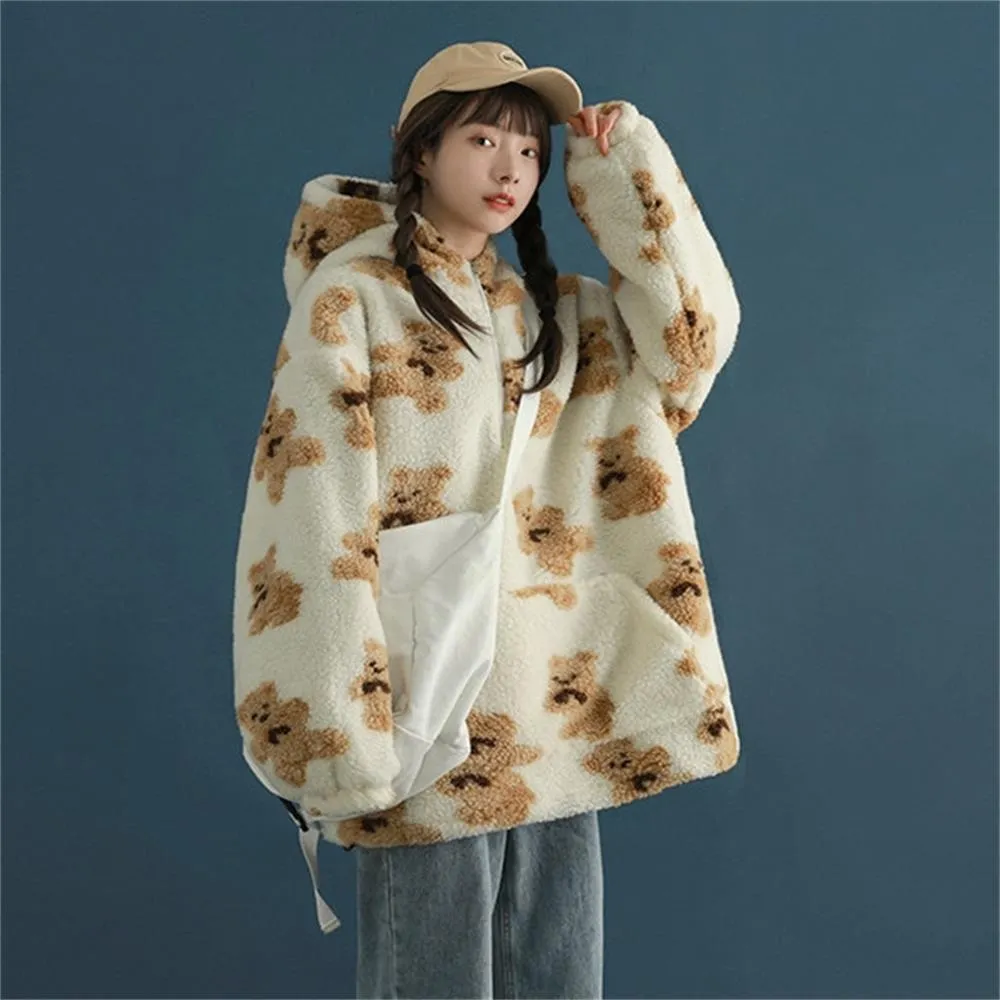 Giacca in lana d'agnello Hip Hop Pullover con stampa orso Felpe con cappuccio da uomo Harajuku Streetwear Cappotto con cappuccio oversize coppia Capispalla invernale