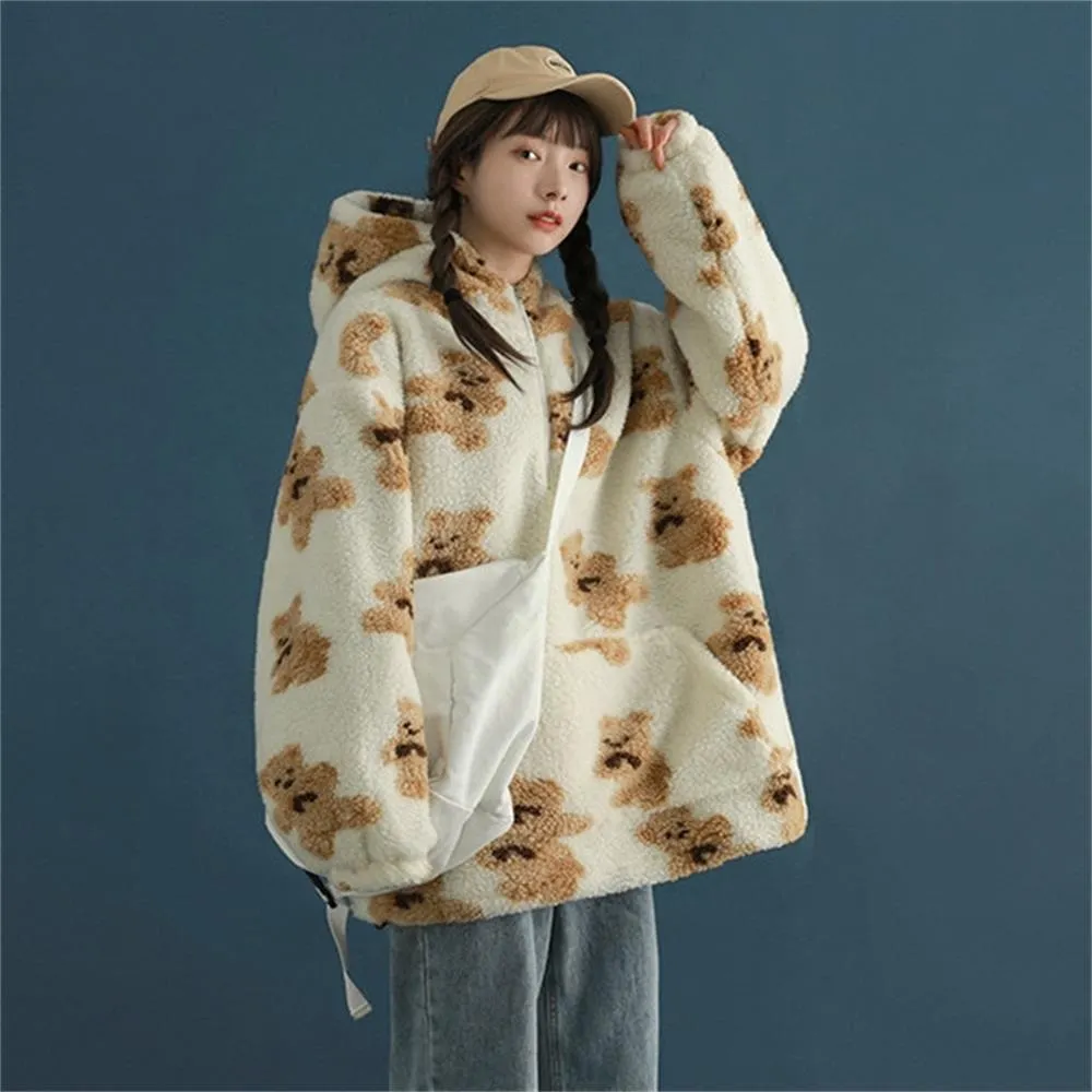Hip Hop laine d'agneau veste ours imprimé pull à capuche sweats à capuche hommes Harajuku Streetwear surdimensionné Couple à capuche manteau Outwear hiver
