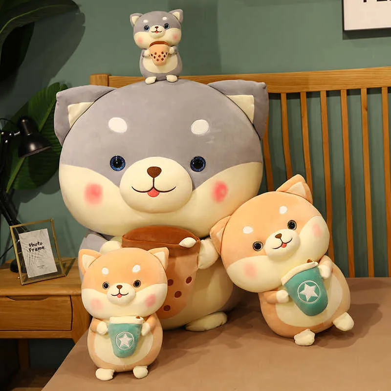 20/35 / 45cm kawaii shiba inu cão segurando bolha chá copo brinquedos de pelúcia recheado macio animal travesseiro bonecas para meninas presentes de aniversário 210728