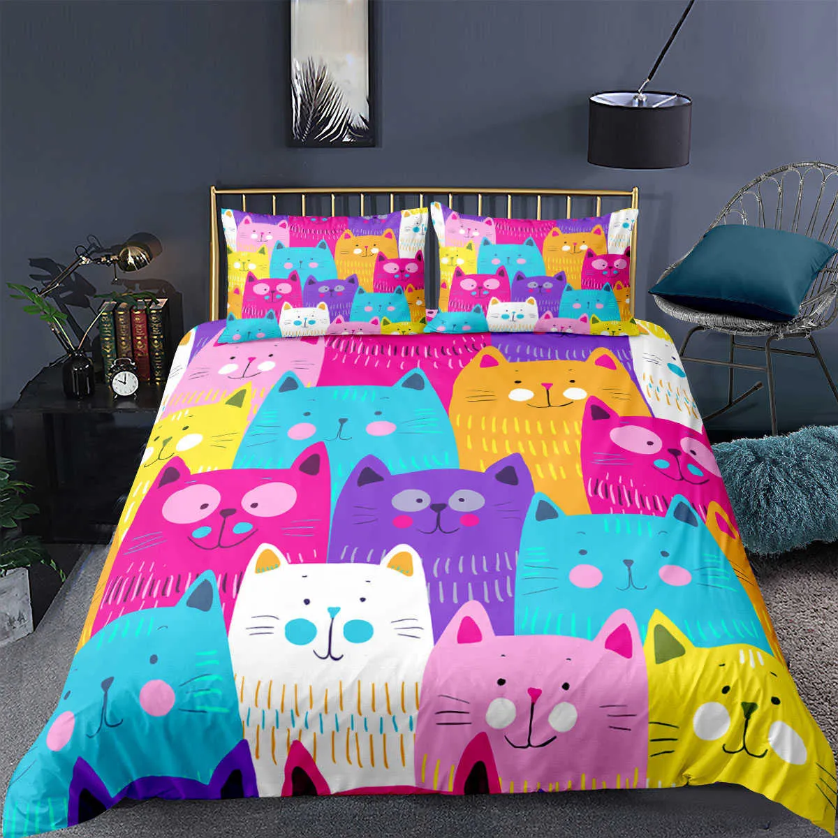 Cartoon Cat Duvet Cover Set Tiergedruckte Bettwäsche mit Kissenbezug Bettdecke für Schlafzimmer Dekor 21082189298754845277