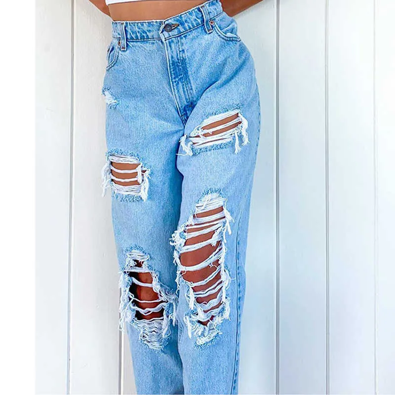 Dames Streetwear Jeans décontracté jambe droite taille haute coupe ample déchiré trous mince femmes Denim pantalon feminino 210809