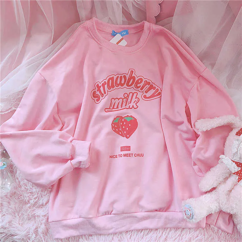 Kawaii Jordgubbar Grafisk Sweatshirt Kvinnor Vinter Koreansk stil Plus Velvet Söt Toppar Harajuku Rosa Kläder för Tonåringar 210809