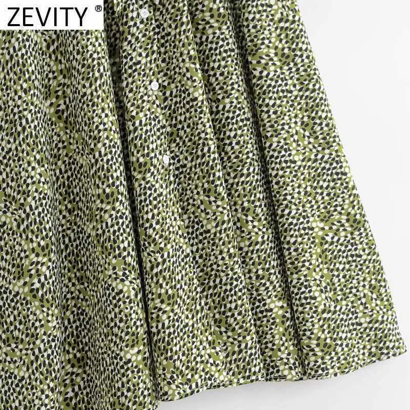 Zevity Women Vintage Leopardプリントグリーンシャツドレス女性長袖弓Tied SashesカジュアルスリムビジネスVestido DS4741 210603