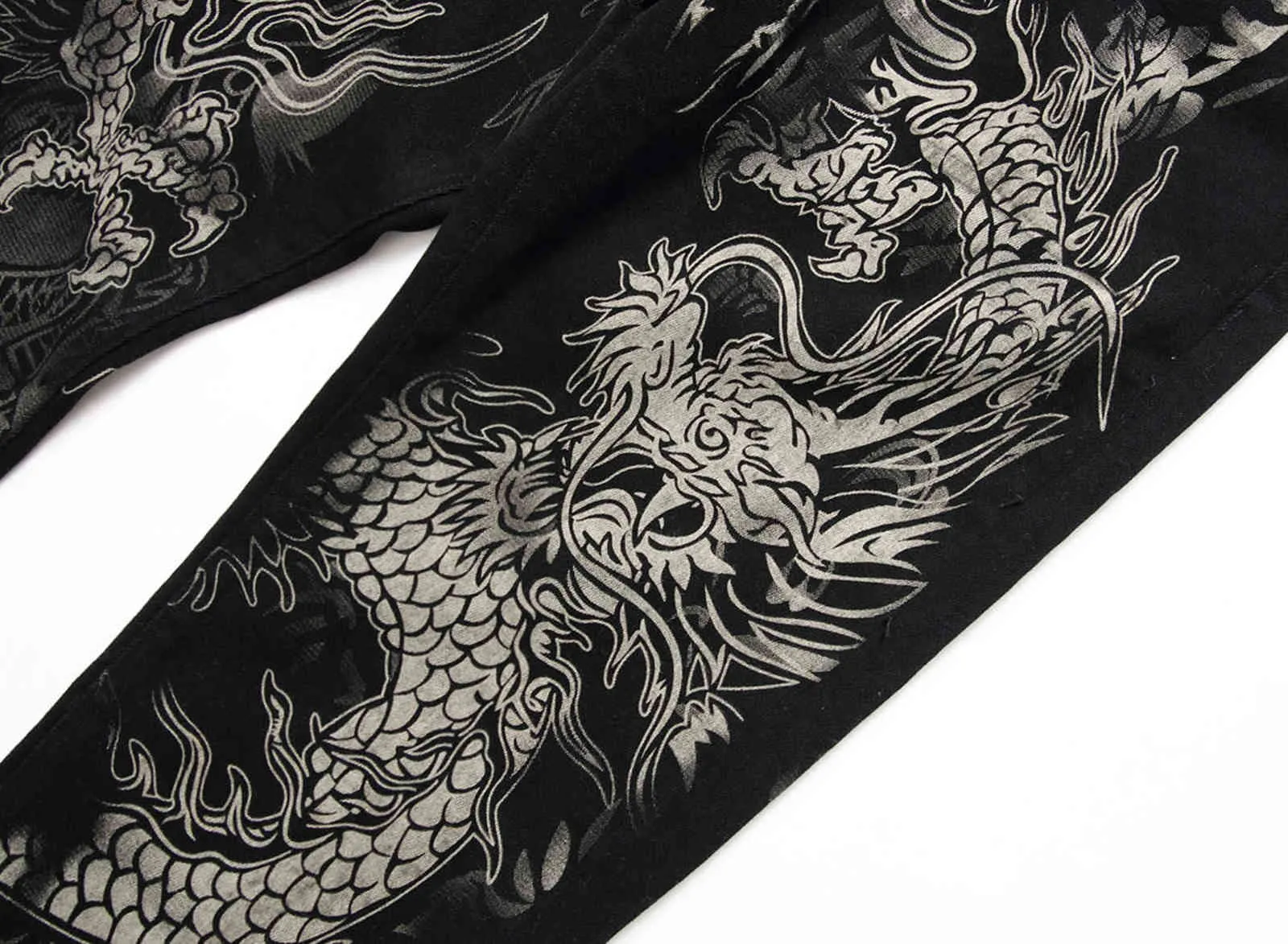 Hommes chinois à la mode dragon noir skinny jeans stretch confortable mode hip-hop pantalon Streetwear imprimé pantalon 211108
