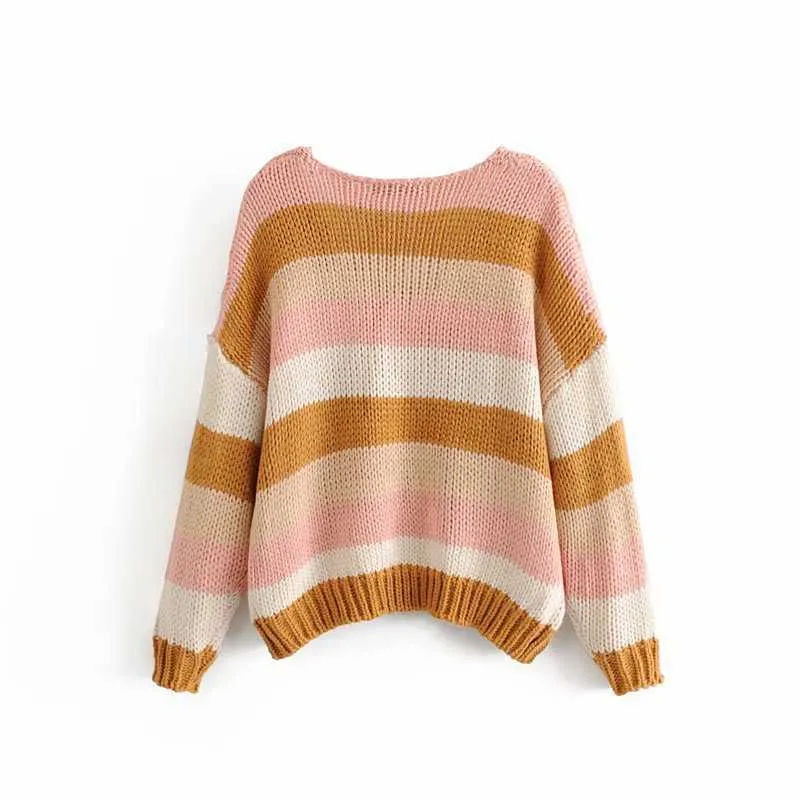 Стильные шикарные женщины Multi цветов полосатый свитер осень мода женский V-образным вырезом пуловеры повседневные джамперы для девочек 210531