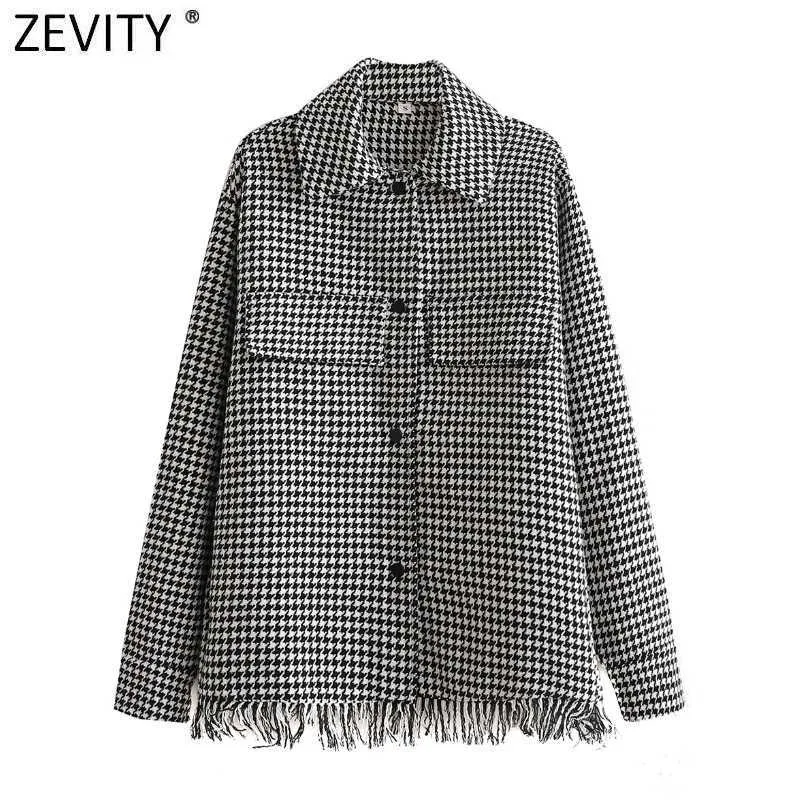 Zevity Women Vintage Trimming Tassel Decoration Houndstooth Shirt Coat Female Long Sleeve Casual Outwear Jackets Chic Tops CT674 210603