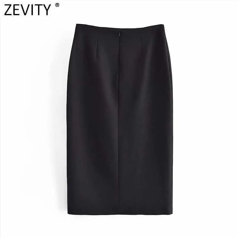 Zevidade Mulheres Vintage Dupla Breasted Design Black Straight Midi Saia Faldas Mujer Feminino Voltar Zipper Split Vestidos Qun755 210621