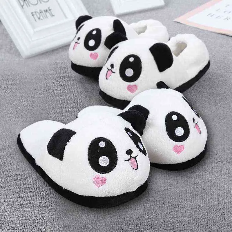 New Winter Indoor Panda Slippers Flat Furry Home Cartoon Women Slippers Unisex Couple Animal Warm Non-slip Shoes H1122