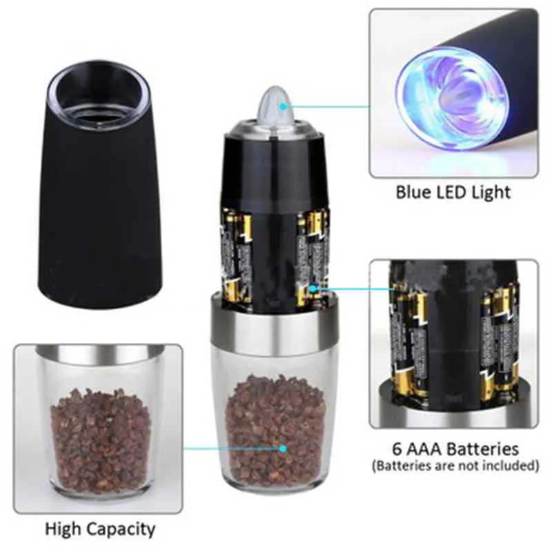 Electric Salt and Pepper Grinder Stainless Steel Mill with Blue LED Light Automatic Cooking Tools 210713