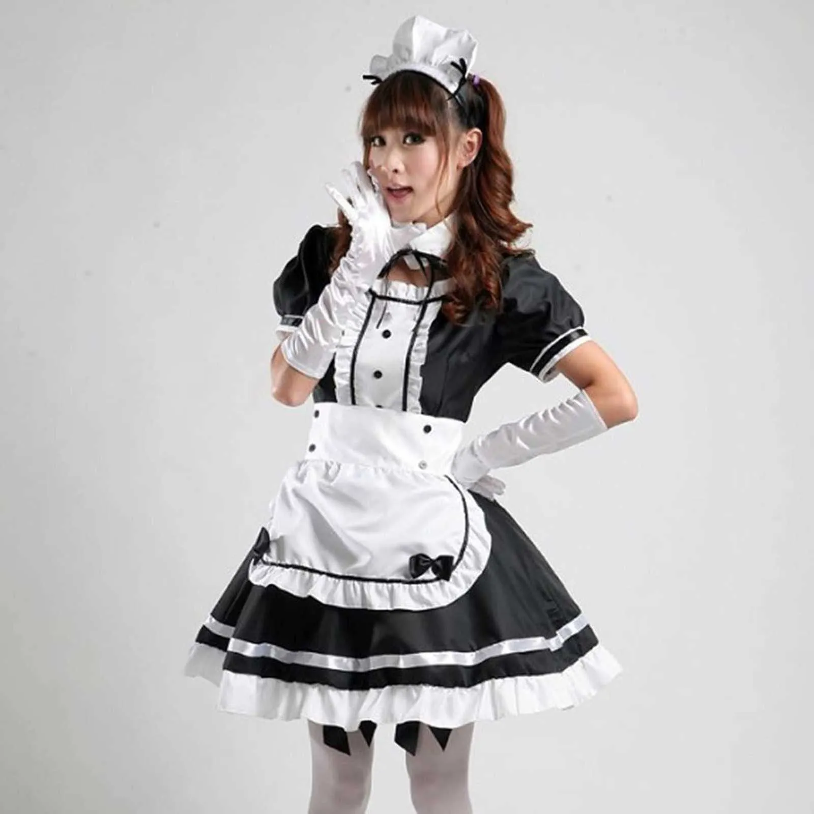 2021 Sexy Lingerie Lolita Maid Cosplay Costume Femmes Chapeaux Tablier Faux Col Bowknot Robe Noire Halloween Party Outfit Y0903