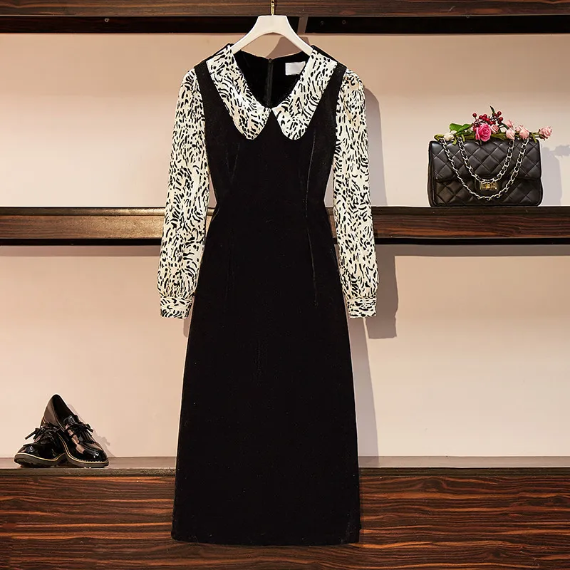 Robes de printemps pour femmes Style Vintage poupée col Patchwork velours manches longues élégant Midi robe noire femme vêtements 210428