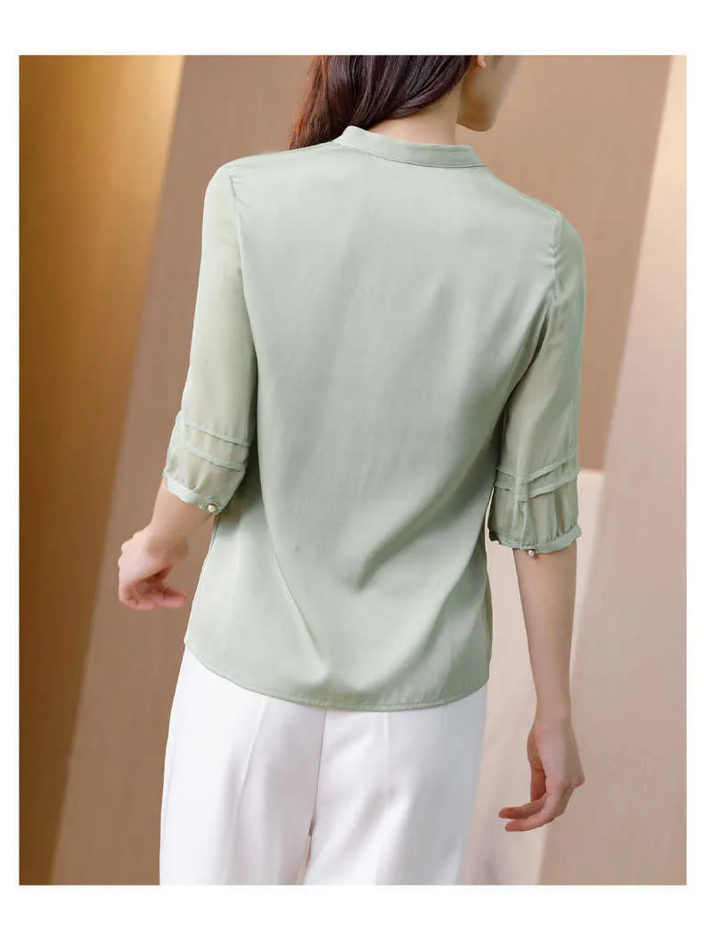 夏の韓国のファッションの女性ブラウスサテンオフィスの女性のシャツとブラウスシフォン半袖プラスサイズの女性のトップ210531