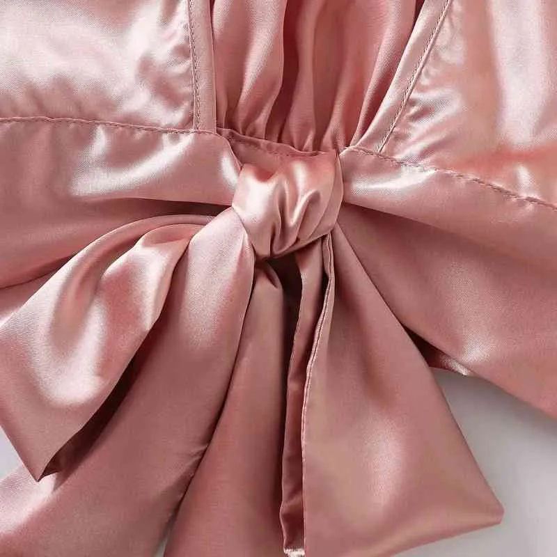 Primavera Donna Backless Lace Up Camicia in raso rosa Camicetta a maniche lunghe femminile Casual Lady Top larghi Blusas S8535 210430