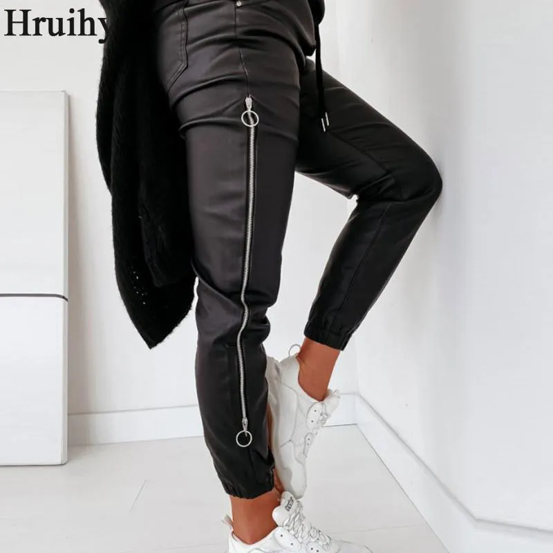 Pantalons Femmes Zipper Design Cordon Ruché PU Mid Pantalon Mode Femme Pantalon Long Automne Noir Casual Streetwear Femmes 210319