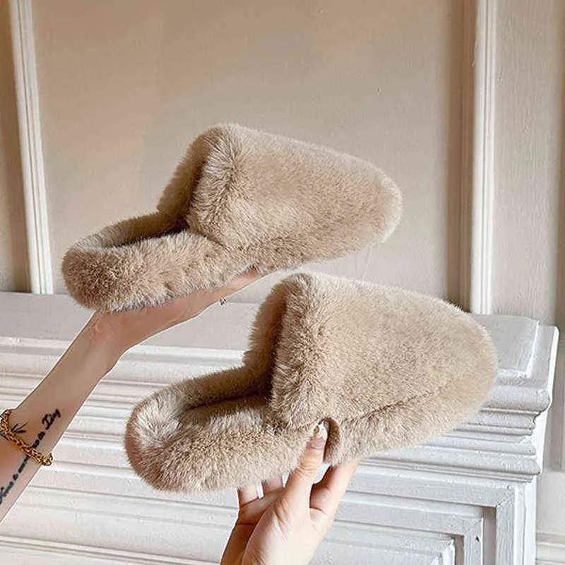 2022 Mode Fluffy Tofflor Vinter Kvinnor Tofflor Stängd Toe Plush Tofflor Solid Färg Varmt hus Slides Inomhus Golvskor W220218