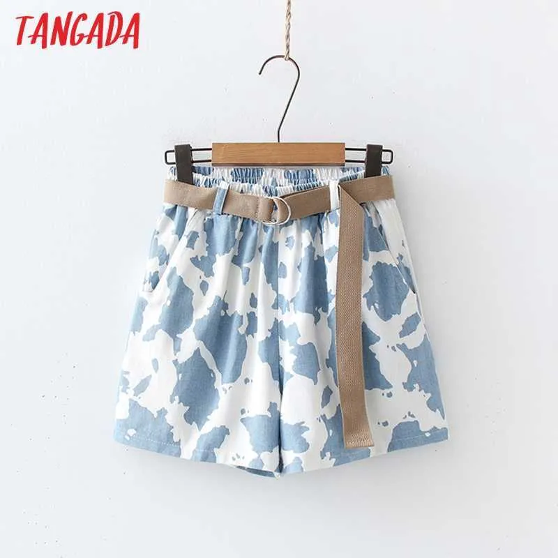 Tangada Sommer Frauen Print Denim Shorts mit Gürtel Vintage Hohe Elastische Taille Weibliche Kurze Hosen Mujer 5N12 210609