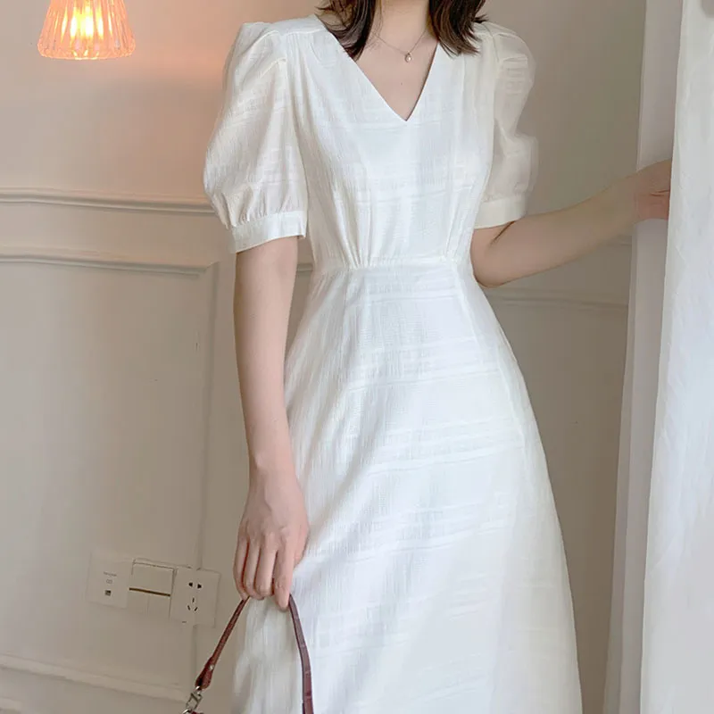 [EAM] Kobiety Biały Wzburzyć Szczupła Elegancka Dress V-Neck Krótki rękaw Puff Luźne Fit Fashion Spring Summer 1DD7321 21512