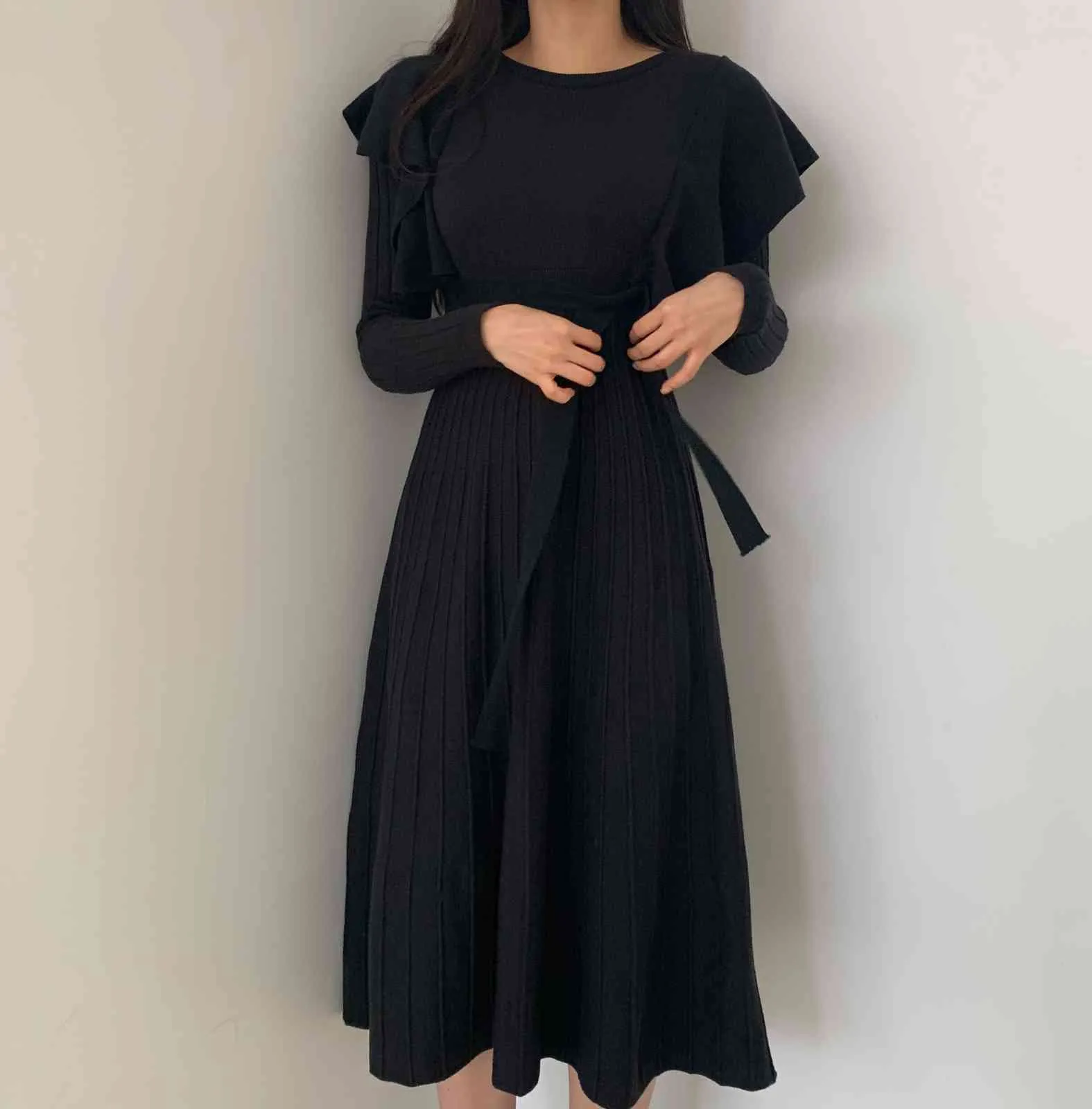 Осень зимние женщины винтажные вязаные платья корейский с длинным рукавом рюшачьего туника Sashes Bodycon свитер платья Vestido Mujer 210513