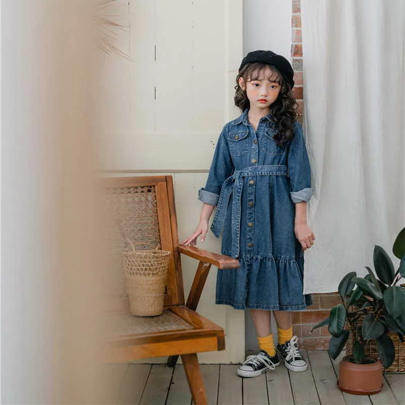 Style coréen printemps filles robe Denim manches longues avec ceintures robes enfants décontracté enfants vêtements E1071 210610